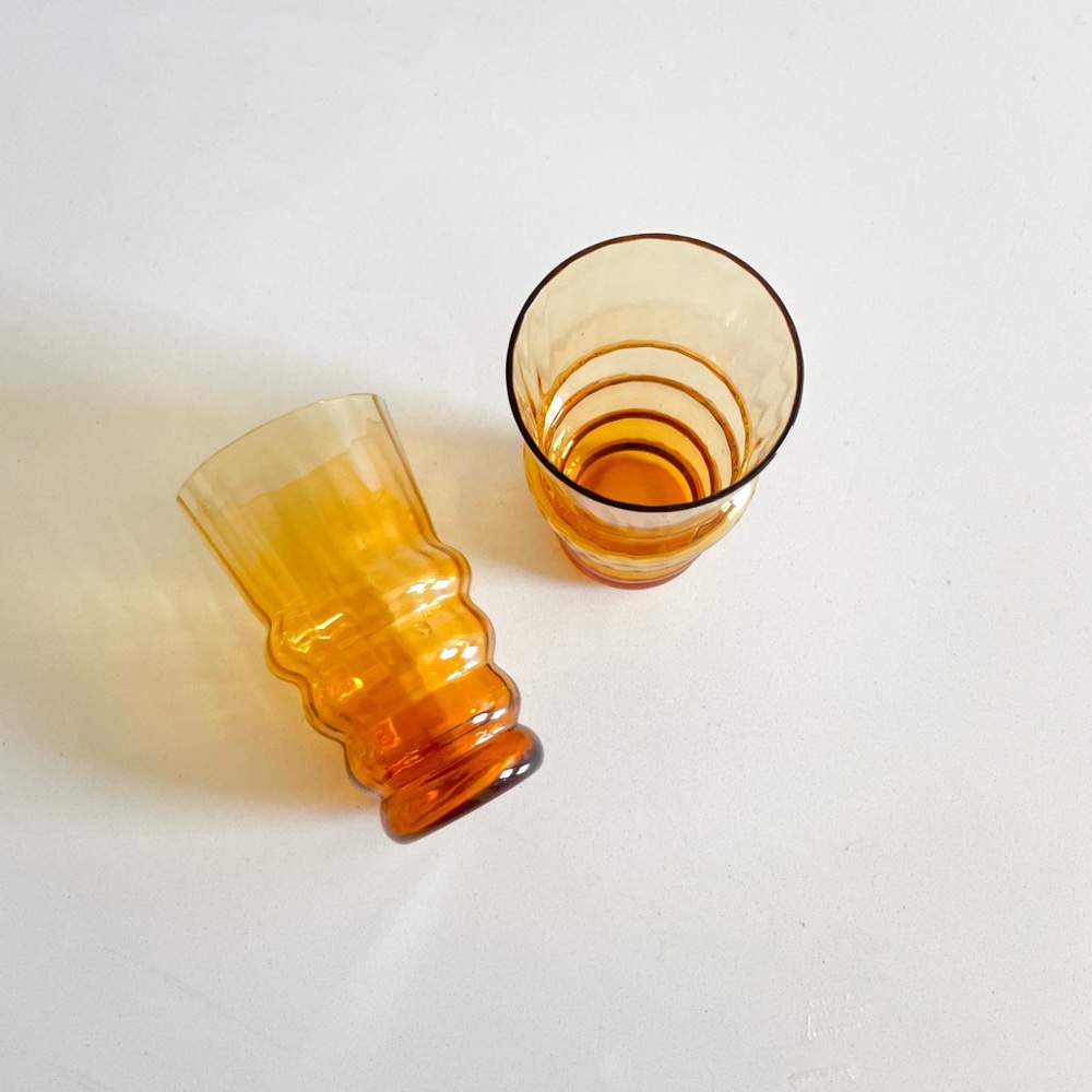 Vintage 70’s amber colored cinder shaped mini shot glasses